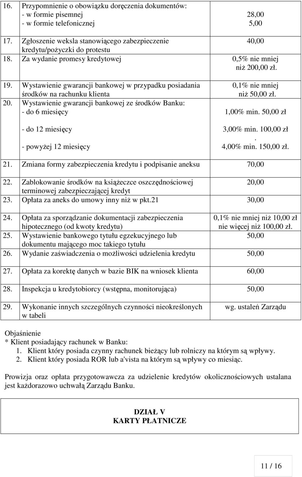 Wystawienie gwarancji bankowej ze środków Banku: do 6 miesięcy do 12 miesięcy powyżej 12 miesięcy 0,1% nie mniej niż 50,00 zł. 1,00% min. 50,00 zł 3,00% min. 100,00 zł. 4,00% min. 150,00 zł. 21.