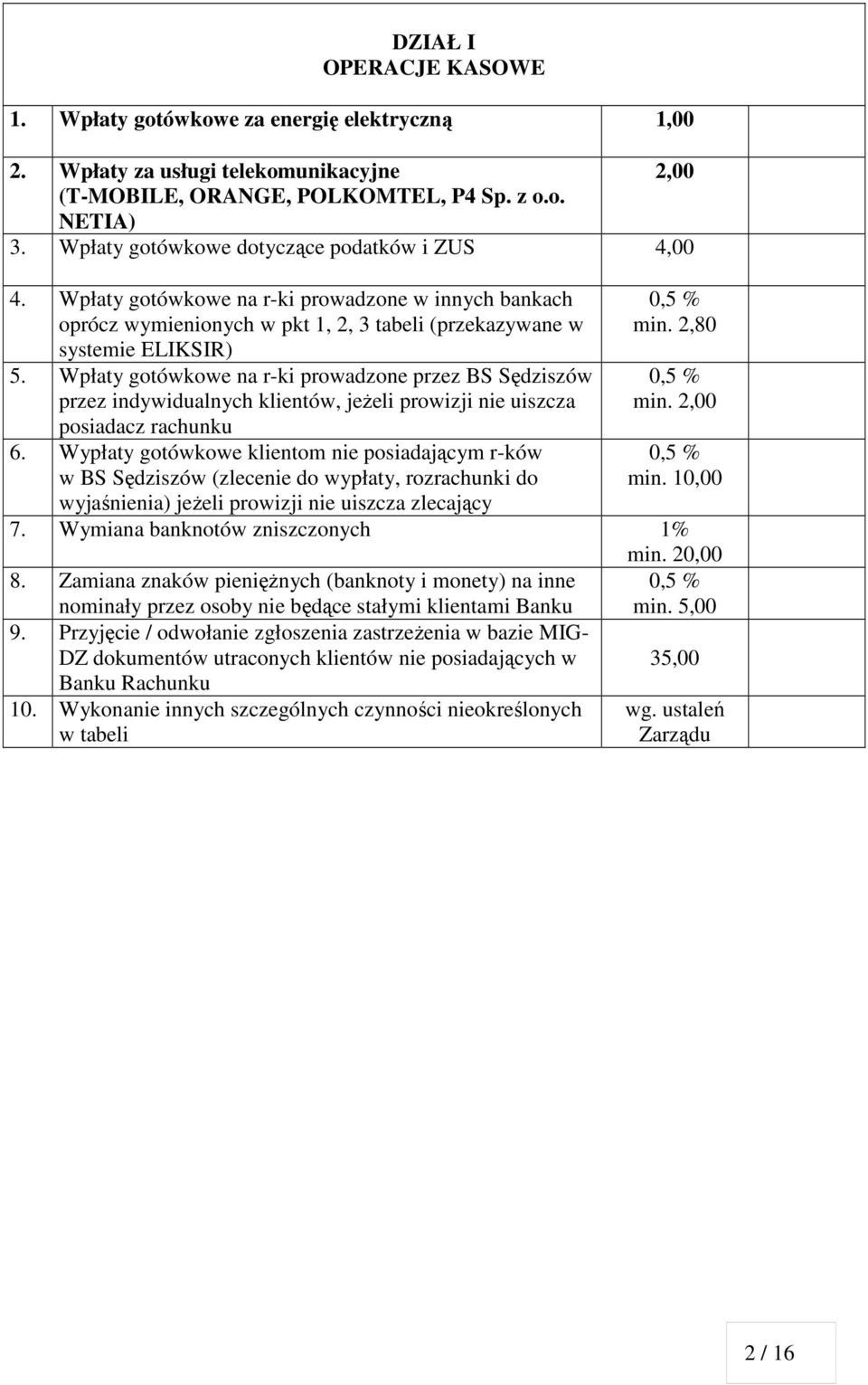 Wpłaty gotówkowe na rki prowadzone przez BS Sędziszów przez indywidualnych klientów, jeżeli prowizji nie uiszcza posiadacz rachunku 6.