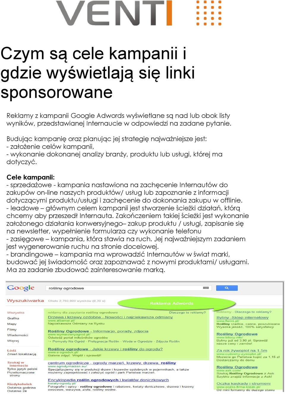 Cele kampanii: - sprzedażowe - kampania nastawiona na zachęcenie Internautów do zakupów on-line naszych produktów/ usług lub zapoznanie z informacji dotyczącymi produktu/usługi i zachęcenie do