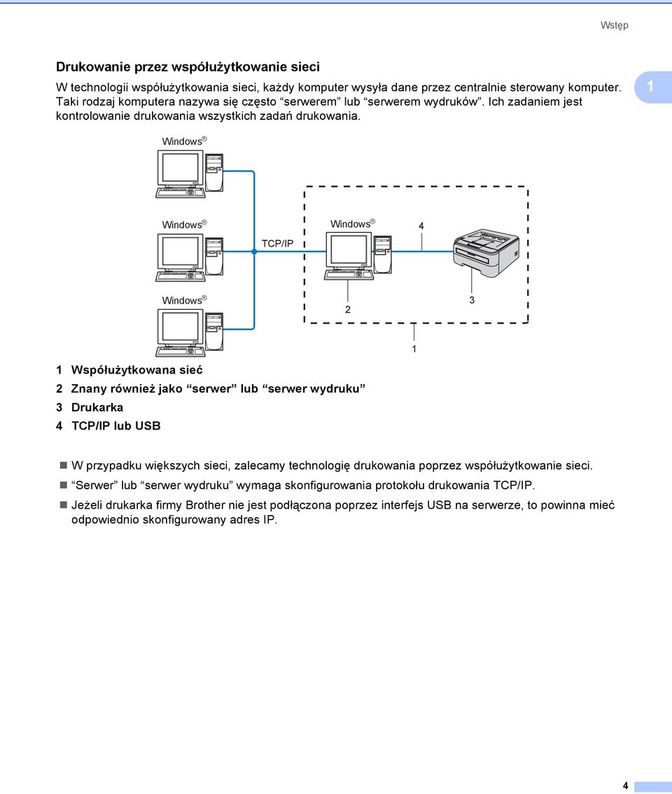 1 Windows R Windows R TCP/IP Windows R 4 Windows R 2 3 1 1 Współużytkowana sieć 2 Znany również jako serwer lub serwer wydruku 3 Drukarka 4 TCP/IP lub USB W przypadku większych sieci,