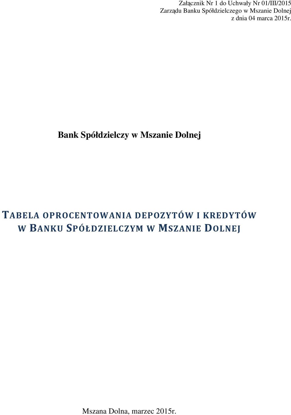 Bank Spółdzielczy w Mszanie Dolnej TABELA OPROCENTOWANIA