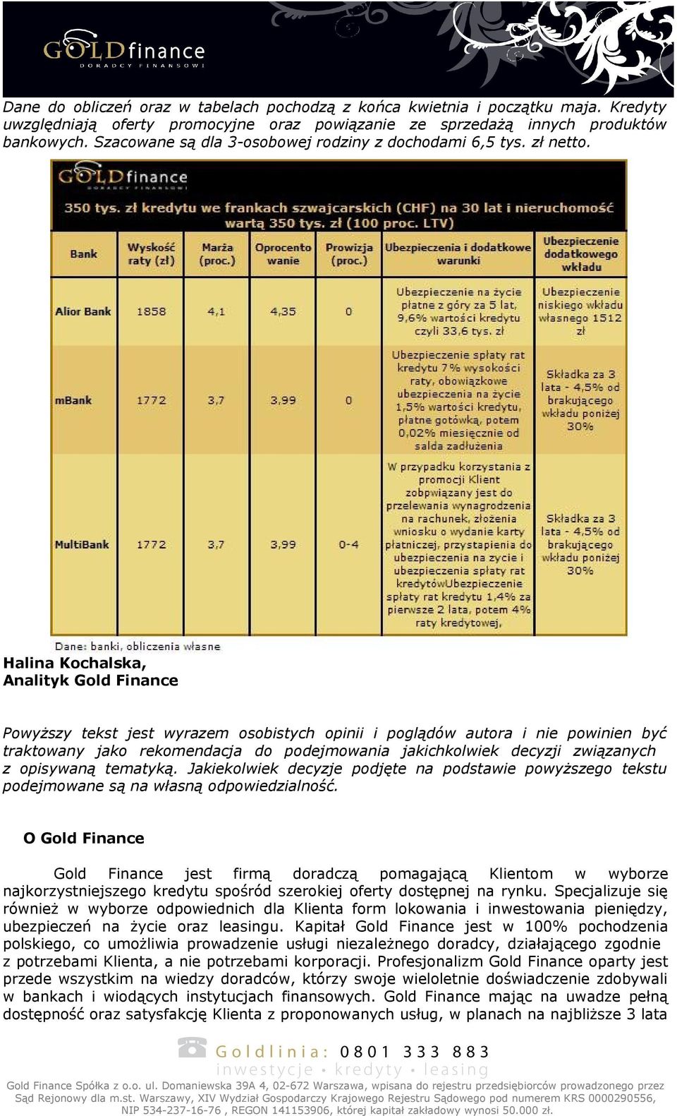 Halina Kochalska, Analityk Gold Finance Powyższy tekst jest wyrazem osobistych opinii i poglądów autora i nie powinien być traktowany jako rekomendacja do podejmowania jakichkolwiek decyzji