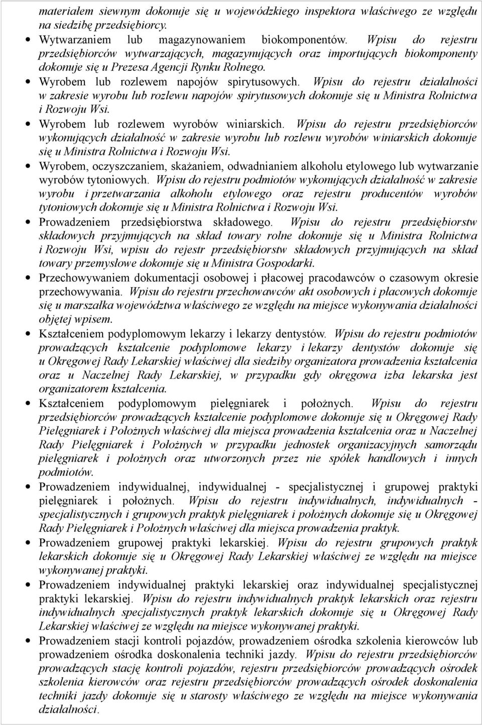Wpisu do rejestru działalności w zakresie wyrobu lub rozlewu napojów spirytusowych dokonuje się u Ministra Rolnictwa i Rozwoju Wsi. Wyrobem lub rozlewem wyrobów winiarskich.