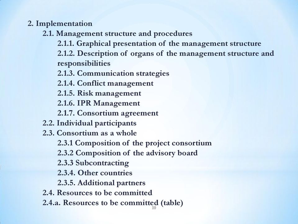 3. Consortium as a whole 2.3.1 Composition of the project consortium 2.3.2 Composition of the advisory board 2.3.3 Subcontracting 2.3.4.