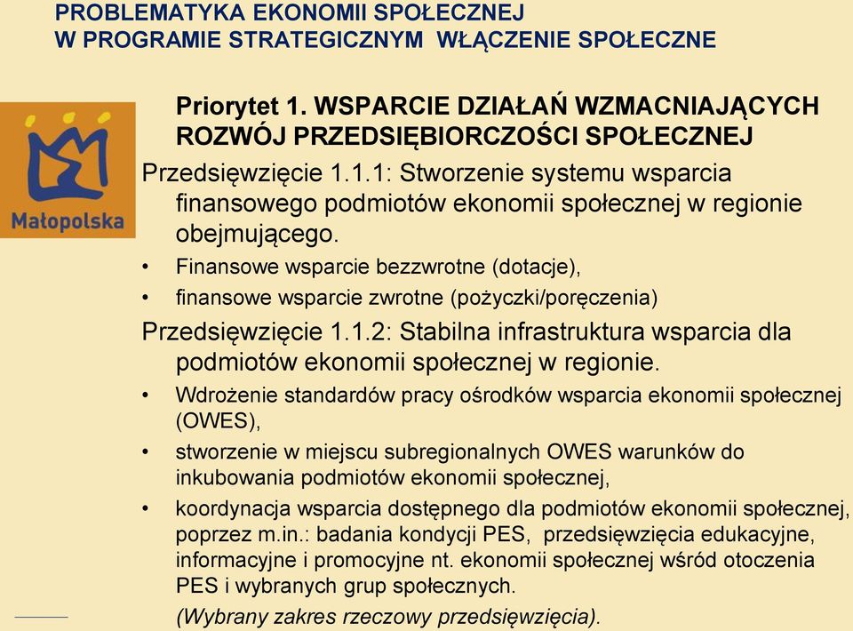 Wdrożenie standardów pracy ośrodków wsparcia ekonomii społecznej (OWES), stworzenie w miejscu subregionalnych OWES warunków do inkubowania podmiotów ekonomii społecznej, koordynacja wsparcia