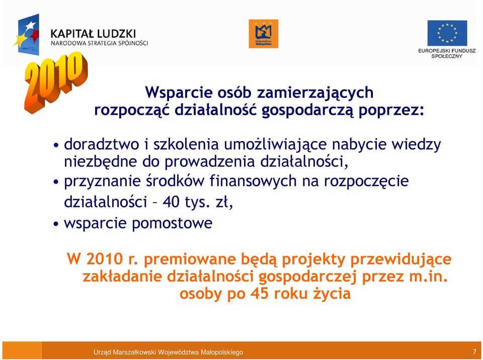 rozpoczęcie działalności 40 tys. zł, wsparcie pomostowe W 2010 r.