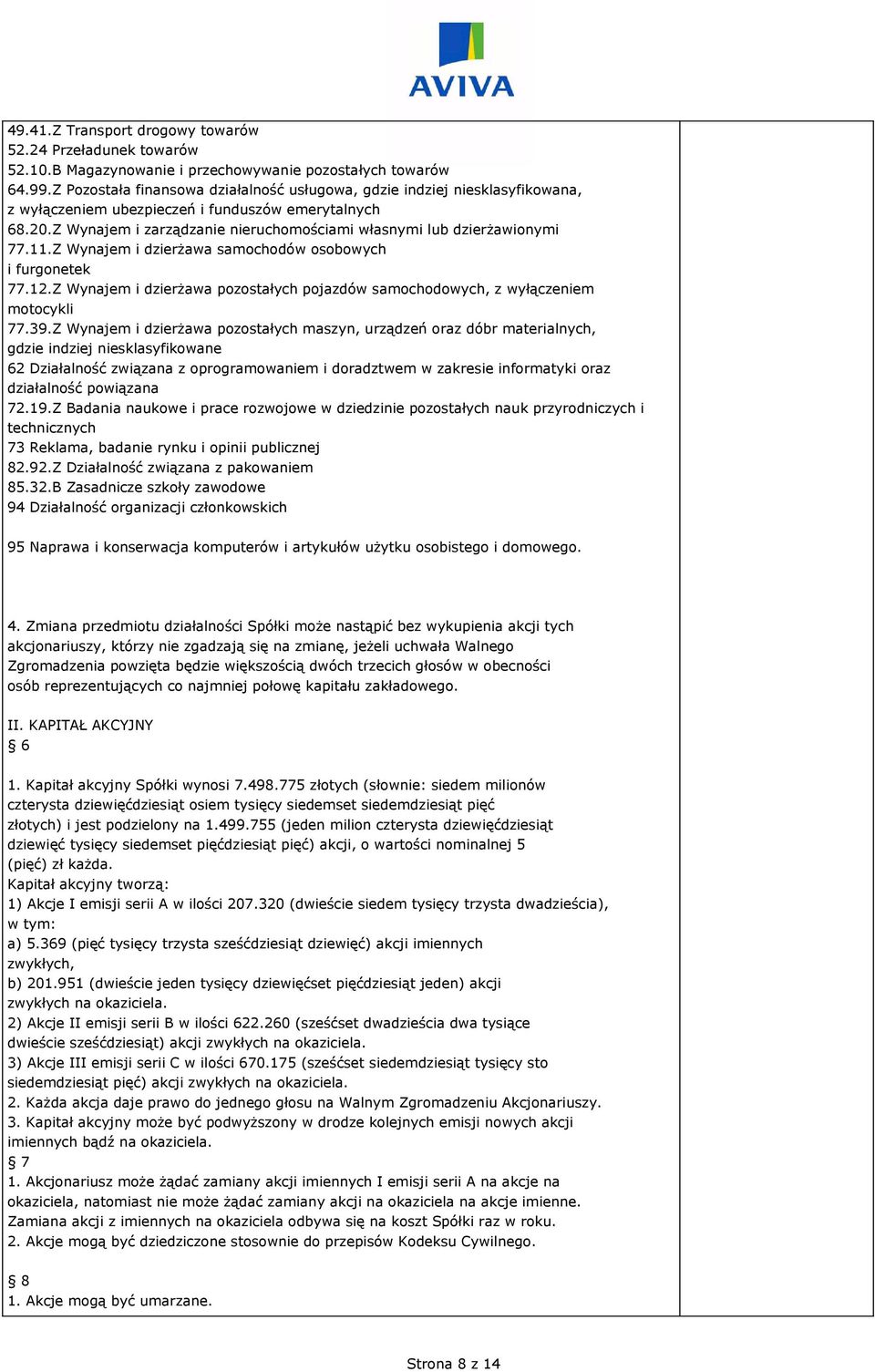 Z Wynajem i zarządzanie nieruchomościami własnymi lub dzierżawionymi 77.11.Z Wynajem i dzierżawa samochodów osobowych i furgonetek 77.12.