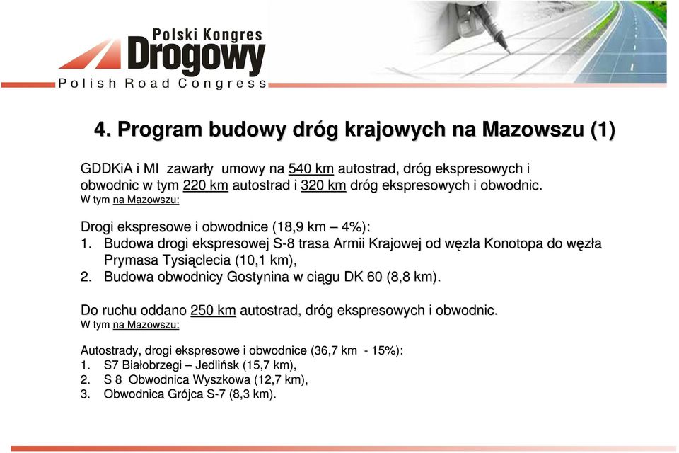 Budowa drogi ekspresowej S-8 S 8 trasa Armii Krajowej od węzła w a Konotopa do węzła w Prymasa Tysiąclecia (10,1 km), 2. Budowa obwodnicy Gostynina w ciągu DK 60 (8,8 km).