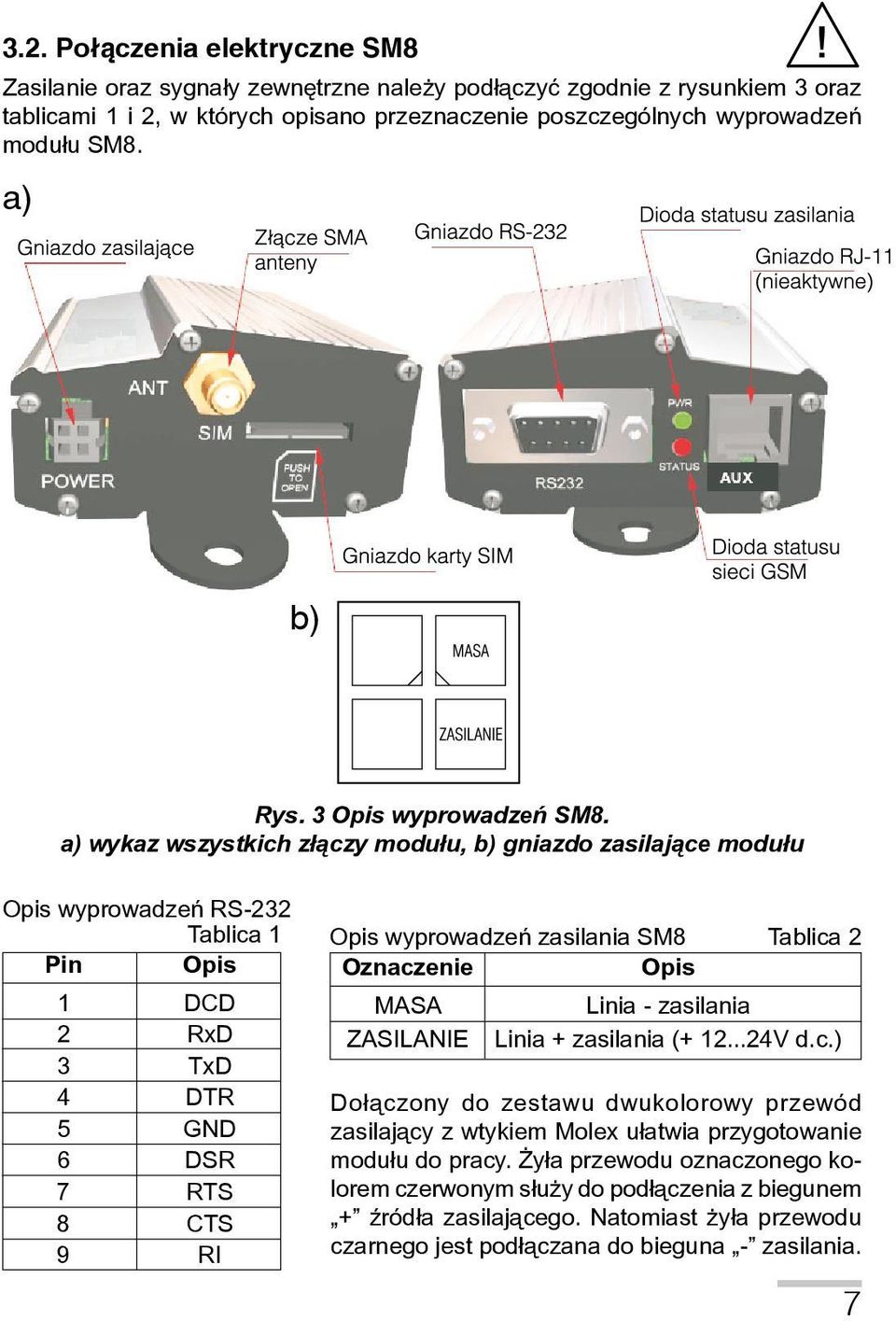 a) wykaz wszystkich z³ączy modu³u, b) gniazdo zasilające modu³u Opis wyprowadzeń RS-232 Tablica 1 Pin Opis 1 DCD 2 RxD 3 TxD 4 DTR 5 GND 6 DSR 7 RTS 8 CTS 9 RI Opis wyprowadzeń zasilania SM8 Tablica