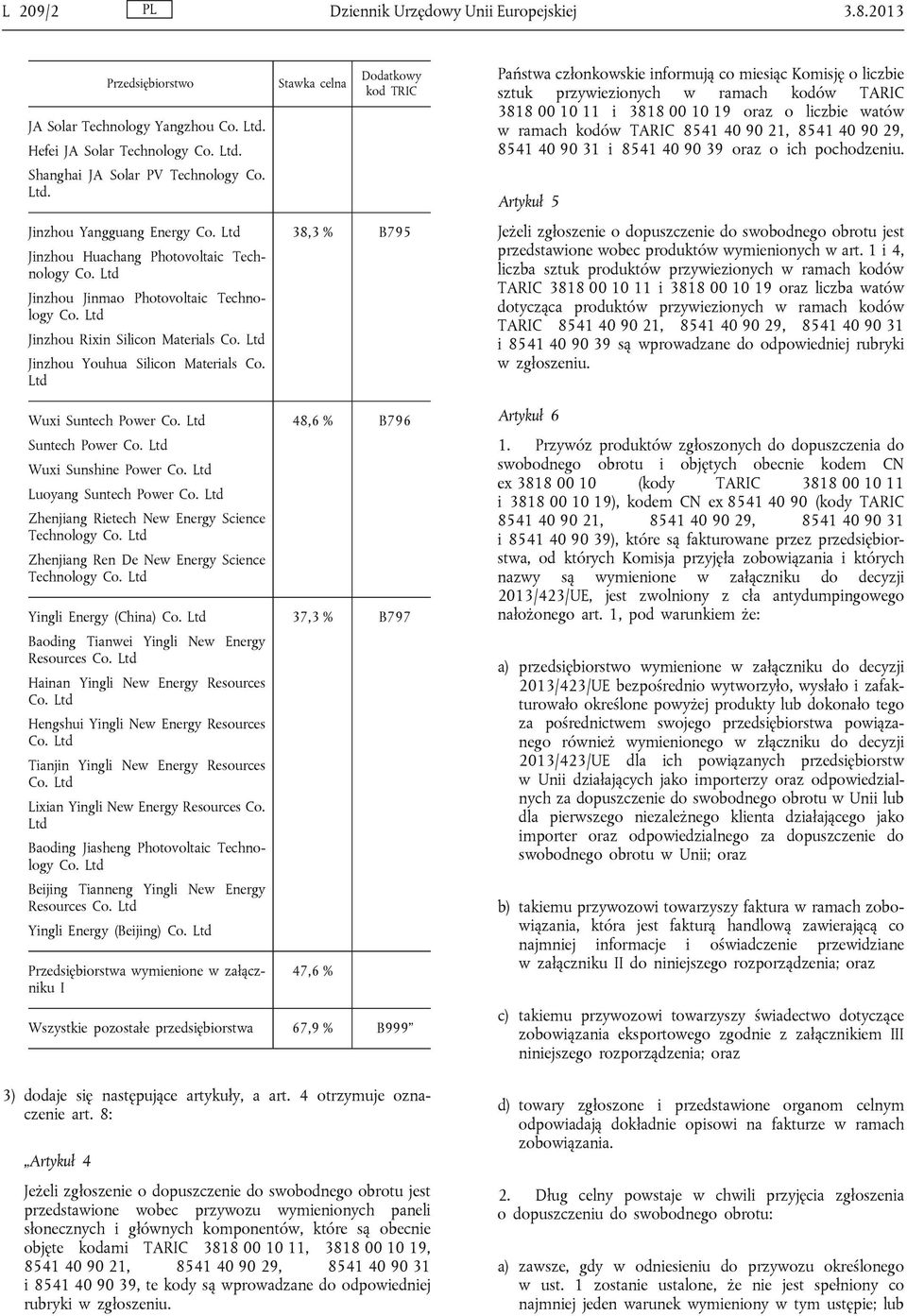 Ltd Stawka celna Dodatkowy kod TRIC 38,3 % B795 Państwa członkowskie informują co miesiąc Komisję o liczbie sztuk przywiezionych w ramach kodów TARIC 3818 00 10 11 i 3818 00 10 19 oraz o liczbie