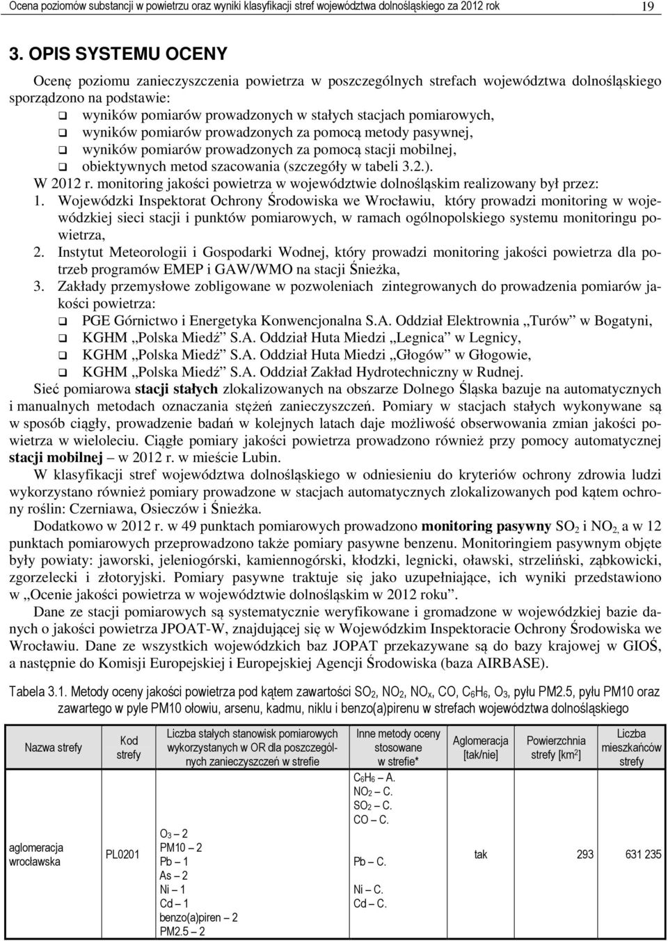 pomiarowych, wyników pomiarów prowadzonych za pomocą metody pasywnej, wyników pomiarów prowadzonych za pomocą stacji mobilnej, obiektywnych metod szacowania (szczegóły w tabeli 3.2.). W 2012 r.
