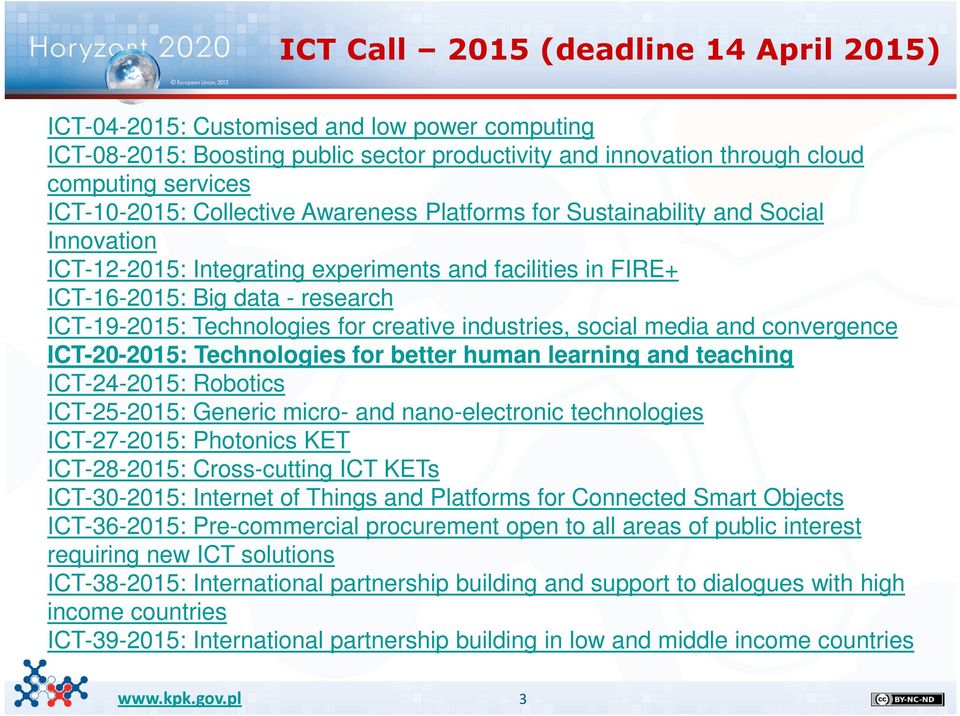 creative industries, social media and convergence ICT-20-2015: Technologies for better human learning and teaching ICT-24-2015: Robotics ICT-25-2015: Generic micro- and nano-electronic technologies