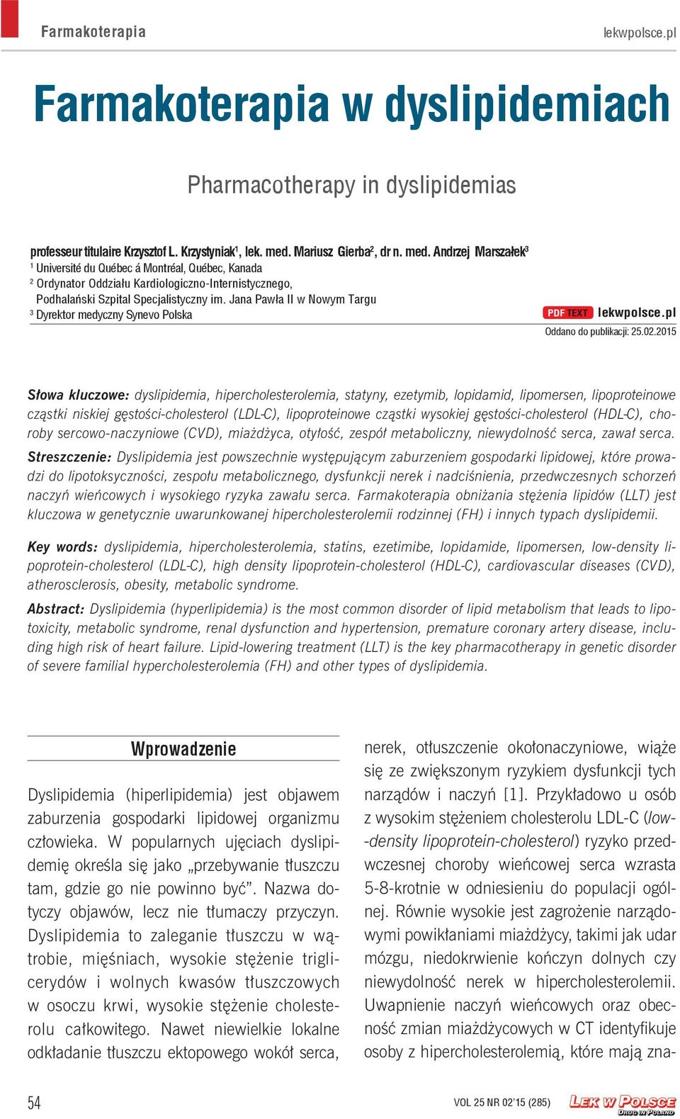 Jana Pawła II w Nowym Targu 3 Dyrektor medyczny Synevo Polska PDF TEXT Oddano do publikacji: 25.02.