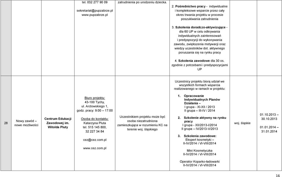 aktywnego poruszania się na rynku pracy 4. Szkolenia zawodowe dla 30 os.