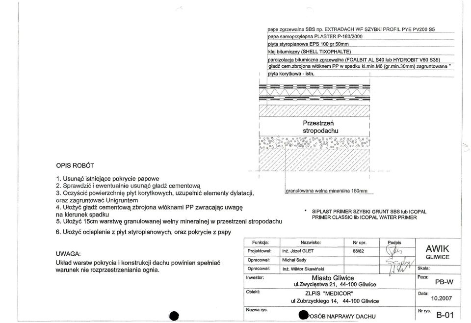 lub HYDROBIT V60 S35) gładź cem.zbrojona włóknem PP w spadku kl.min.m6 (gr.mln.30mm) zagruntowana * płyta korytkowa - Istn. Przestrzeń stropodachu iii. OPIS ROBÓT 1.
