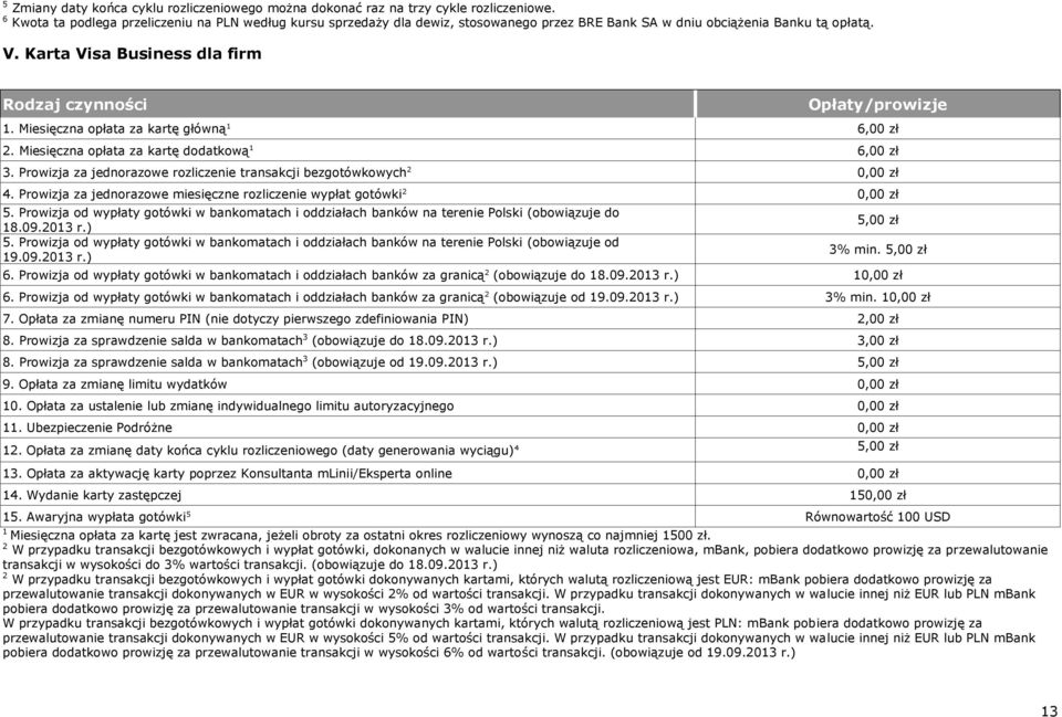 Miesięczna opłata za kartę główną 1 6,00 zł 2. Miesięczna opłata za kartę dodatkową 1 6,00 zł 3. Prowizja za jednorazowe rozliczenie transakcji bezgotówkowych 2 0,00 zł 4.