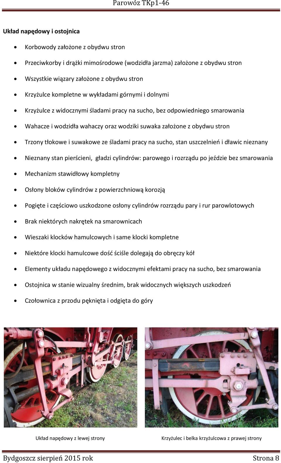 suwakowe ze śladami pracy na sucho, stan uszczelnień i dławic nieznany Nieznany stan pierścieni, gładzi cylindrów: parowego i rozrządu po jeździe bez smarowania Mechanizm stawidłowy kompletny Osłony