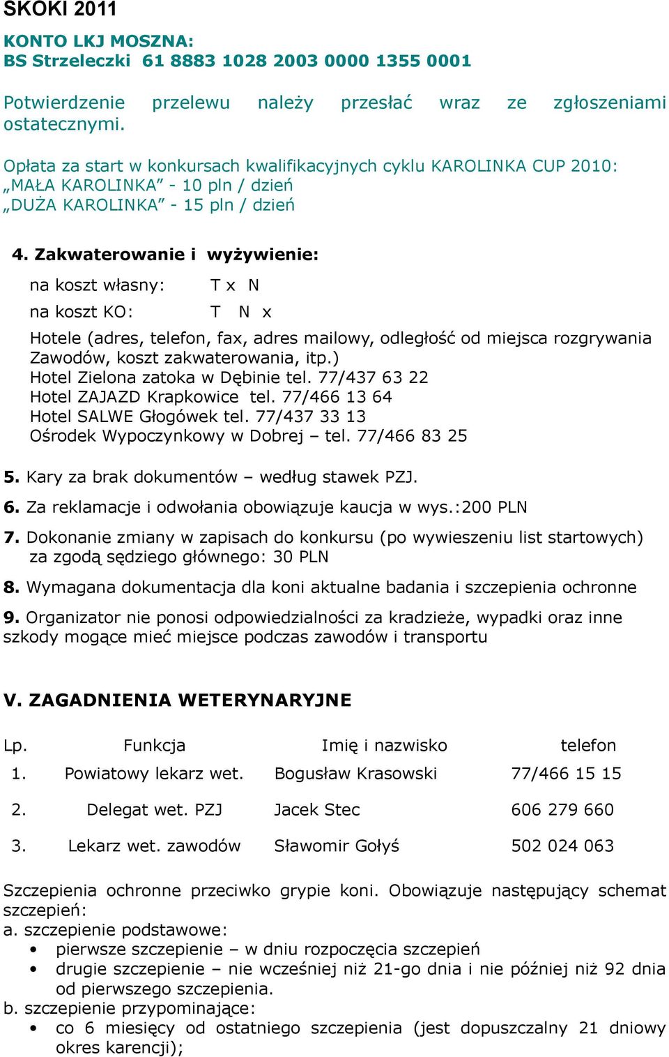 Zakwaterowanie i wyżywienie: na koszt własny: T x N na koszt KO: T N x Hotele (adres, telefon, fax, adres mailowy, odległość od miejsca rozgrywania Zawodów, koszt zakwaterowania, itp.