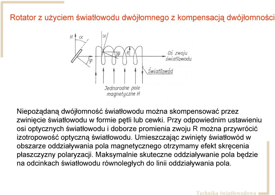 Przy odpowiednim ustawieniu osi optycznych światłowodu i doborze promienia zwoju R można przywrócić izotropowość optyczną światłowodu.