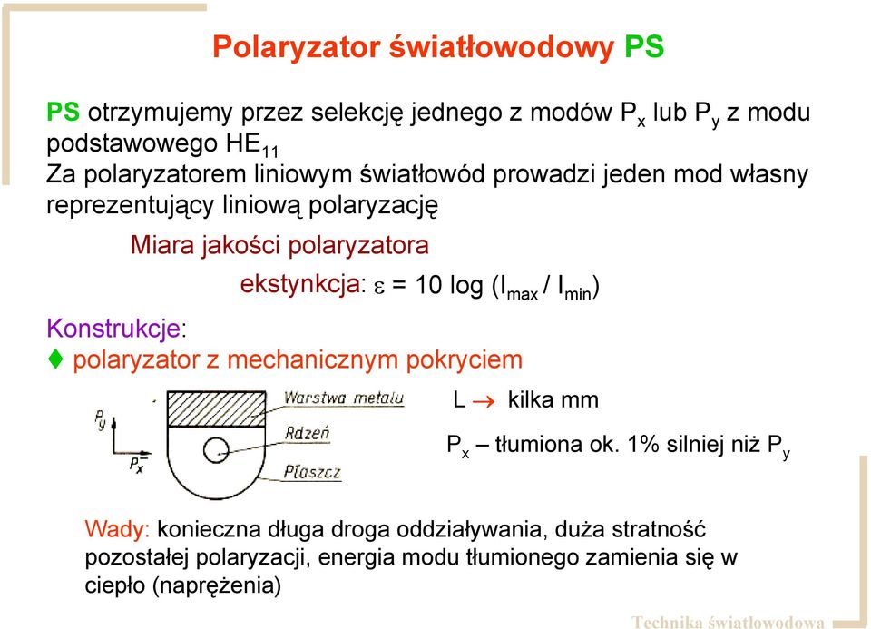 ekstynkcja: ε = 10 log (I max / I min ) Konstrukcje: polaryzator z mechanicznym pokryciem L kilka mm P x tłumiona ok.