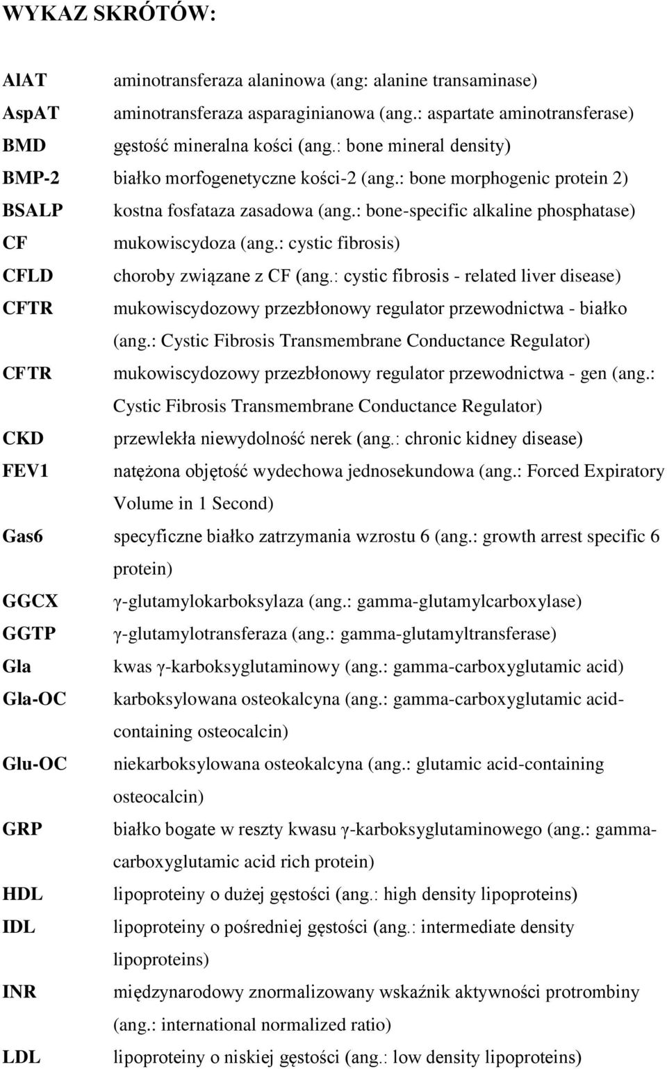 : cystic fibrosis) CFLD choroby związane z CF (ang.: cystic fibrosis - related liver disease) CFTR mukowiscydozowy przezbłonowy regulator przewodnictwa - białko (ang.
