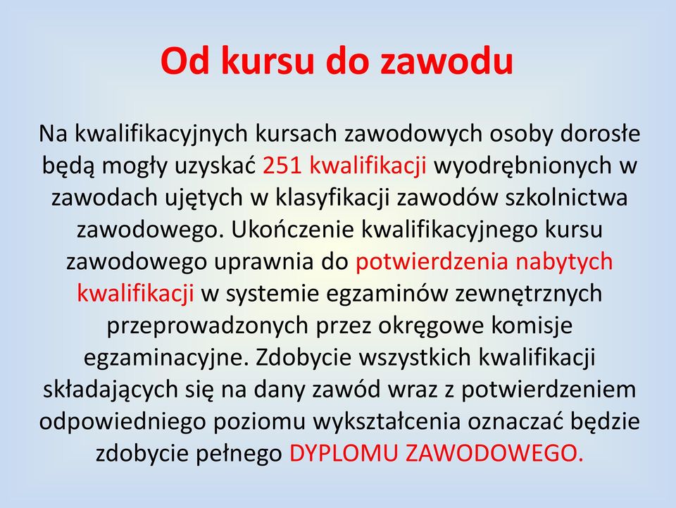 Ukooczenie kwalifikacyjnego kursu zawodowego uprawnia do potwierdzenia nabytych kwalifikacji w systemie egzaminów zewnętrznych