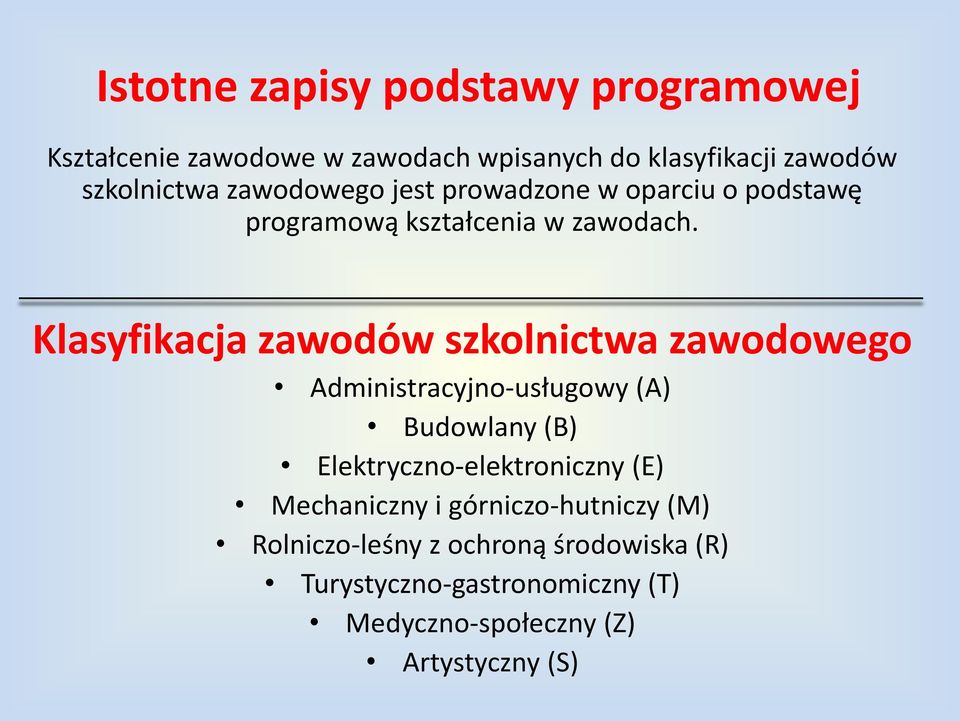 Klasyfikacja zawodów szkolnictwa zawodowego Administracyjno-usługowy (A) Budowlany (B) Elektryczno-elektroniczny