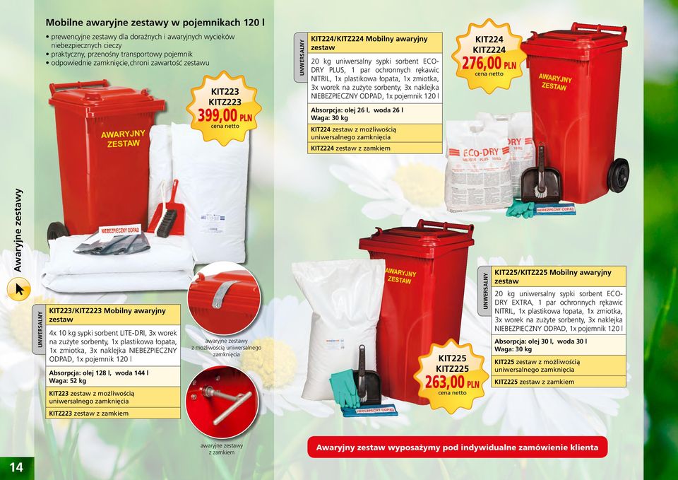 zmiotka, 3x worek na zużyte sorbenty, 3x naklejka niebezpieczny odpad, 1x pojemnik 120 l Absorpcja: olej 26 l, woda 26 l Waga: 30 kg KIT224 zestaw z możliwością uniwersalnego zamknięcia KIT224