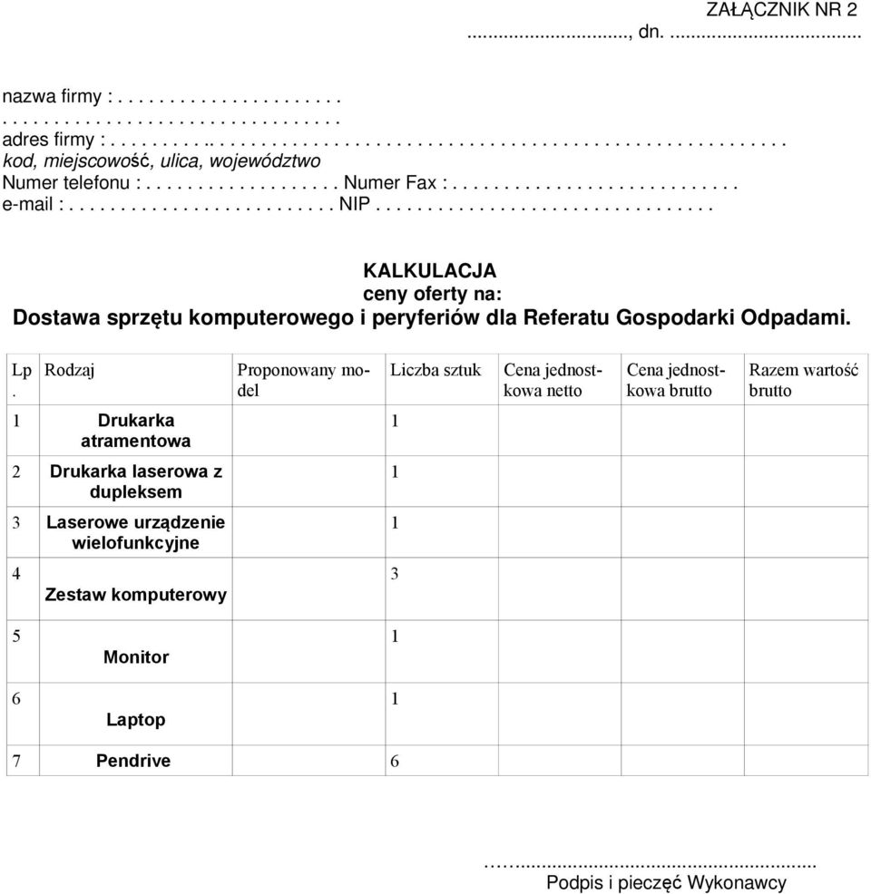 ................................ KALKULACJA ceny oferty na: Dostawa sprzętu komputerowego i peryferiów dla Referatu Gospodarki Odpadami. Lp.
