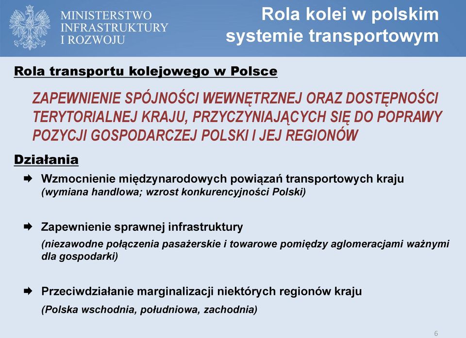 kraju (wymiana handlowa; wzrost konkurencyjności Polski) Zapewnienie sprawnej infrastruktury (niezawodne połączenia pasażerskie i towarowe