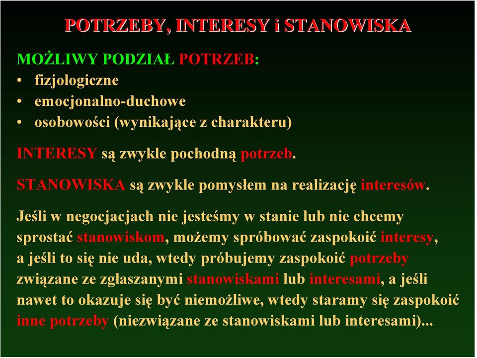 Jeśli w negocjacjach nie jesteśmy w stanie lub nie chcemy sprostać stanowiskom, możemy spróbować zaspokoić interesy, a jeśli to się nie uda,