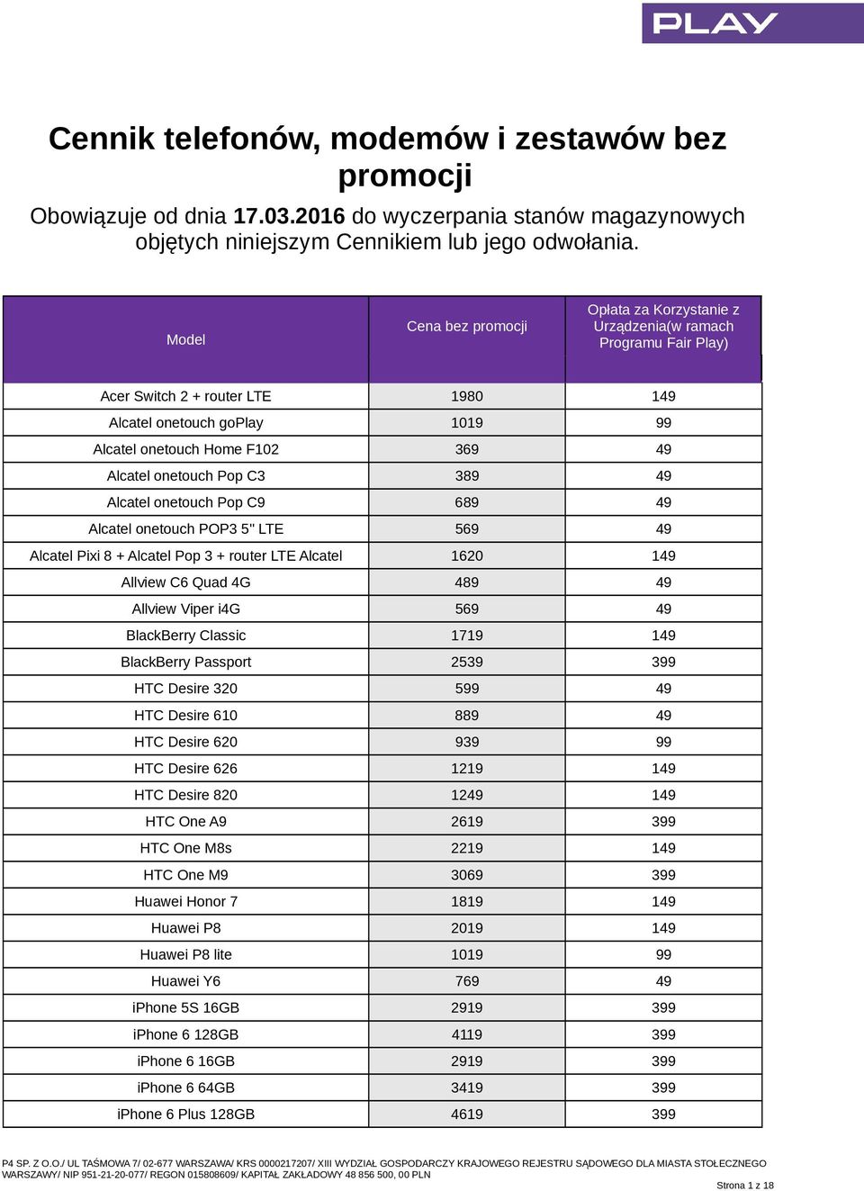 569 49 Alcatel Pixi 8 + Alcatel Pop 3 + router LTE Alcatel 1620 149 Allview C6 Quad 4G 489 49 Allview Viper i4g 569 49 BlackBerry Classic 1719 149 BlackBerry Passport 2539 399 HTC Desire 320 599 49