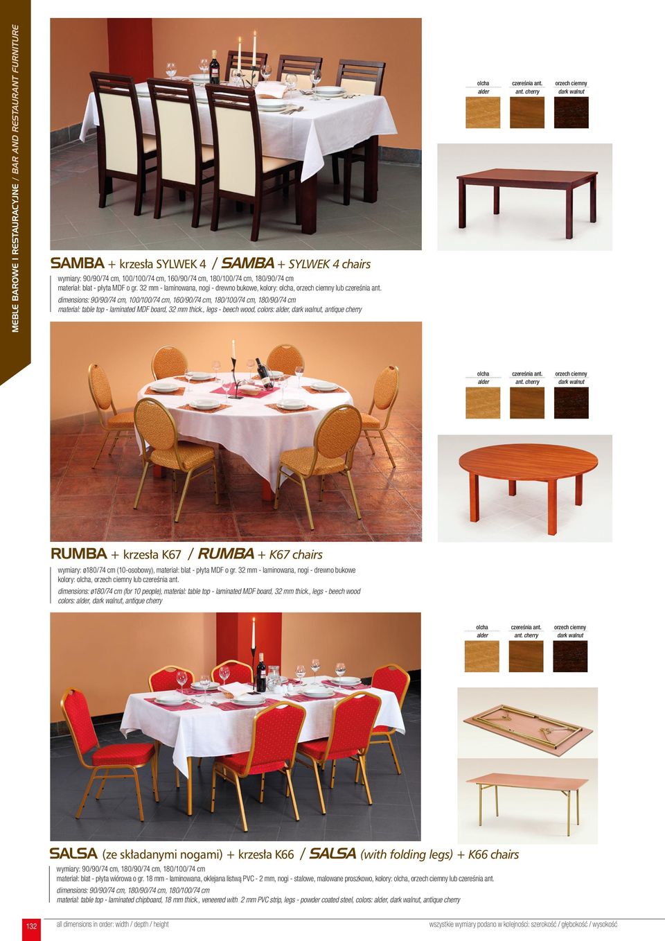 , legs - beech wood, colors:,, antique cherry RUMBA + krzesła K67 / + K67 chairs wymiary: ø180/74 cm (10-osobowy), materiał: blat - płyta MDF o gr.