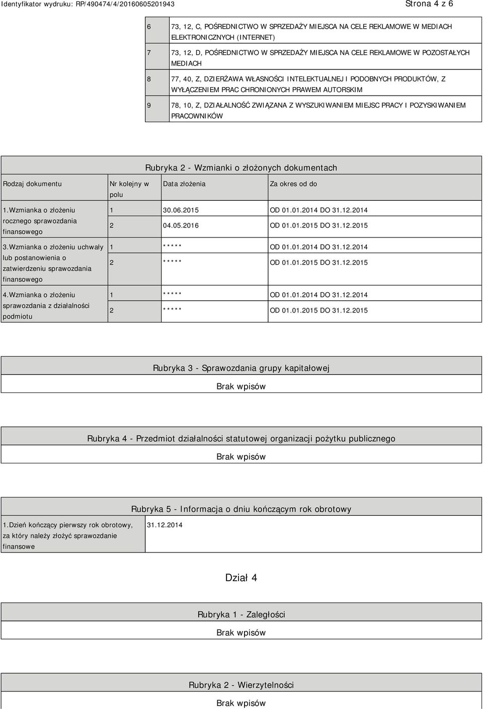 PRACOWNIKÓW Rubryka 2 - Wzmianki o złożonych dokumentach Rodzaj dokumentu Nr kolejny w polu Data złożenia Za okres od do 1.Wzmianka o złożeniu rocznego sprawozdania finansowego 3.