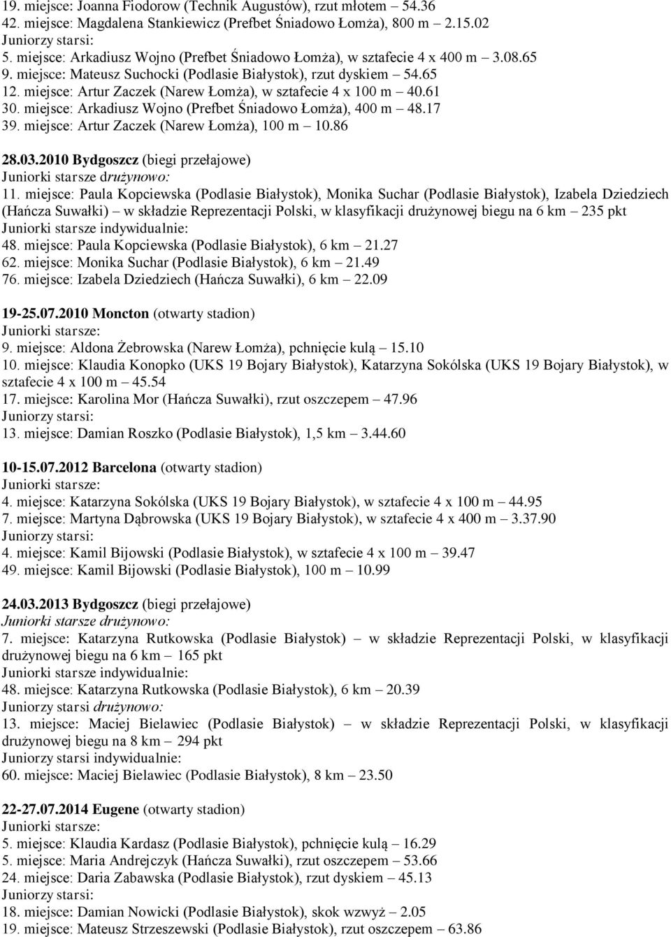 miejsce: Artur Zaczek (Narew Łomża), w sztafecie 4 x 100 m 40.61 30. miejsce: Arkadiusz Wojno (Prefbet Śniadowo Łomża), 400 m 48.17 39. miejsce: Artur Zaczek (Narew Łomża), 100 m 10.86 28.03.