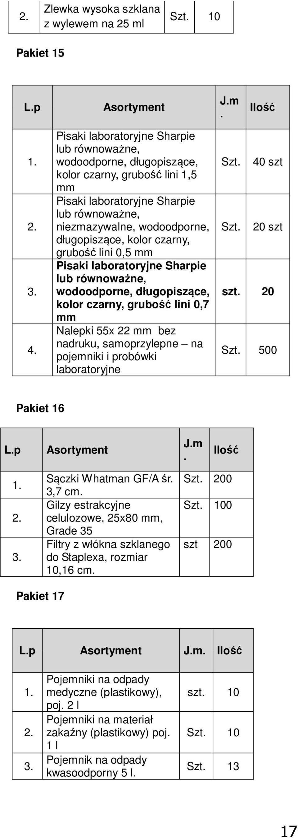 Nalepki 55x 22 mm bez nadruku, samoprzylepne na pojemniki i probówki laboratoryjne Szt 40 szt Szt 20 szt szt 20 Szt 500 Pakiet 16 Jm Sączki Whatman GF/A śr 3,7 cm Gilzy estrakcyjne celulozowe, 25x80
