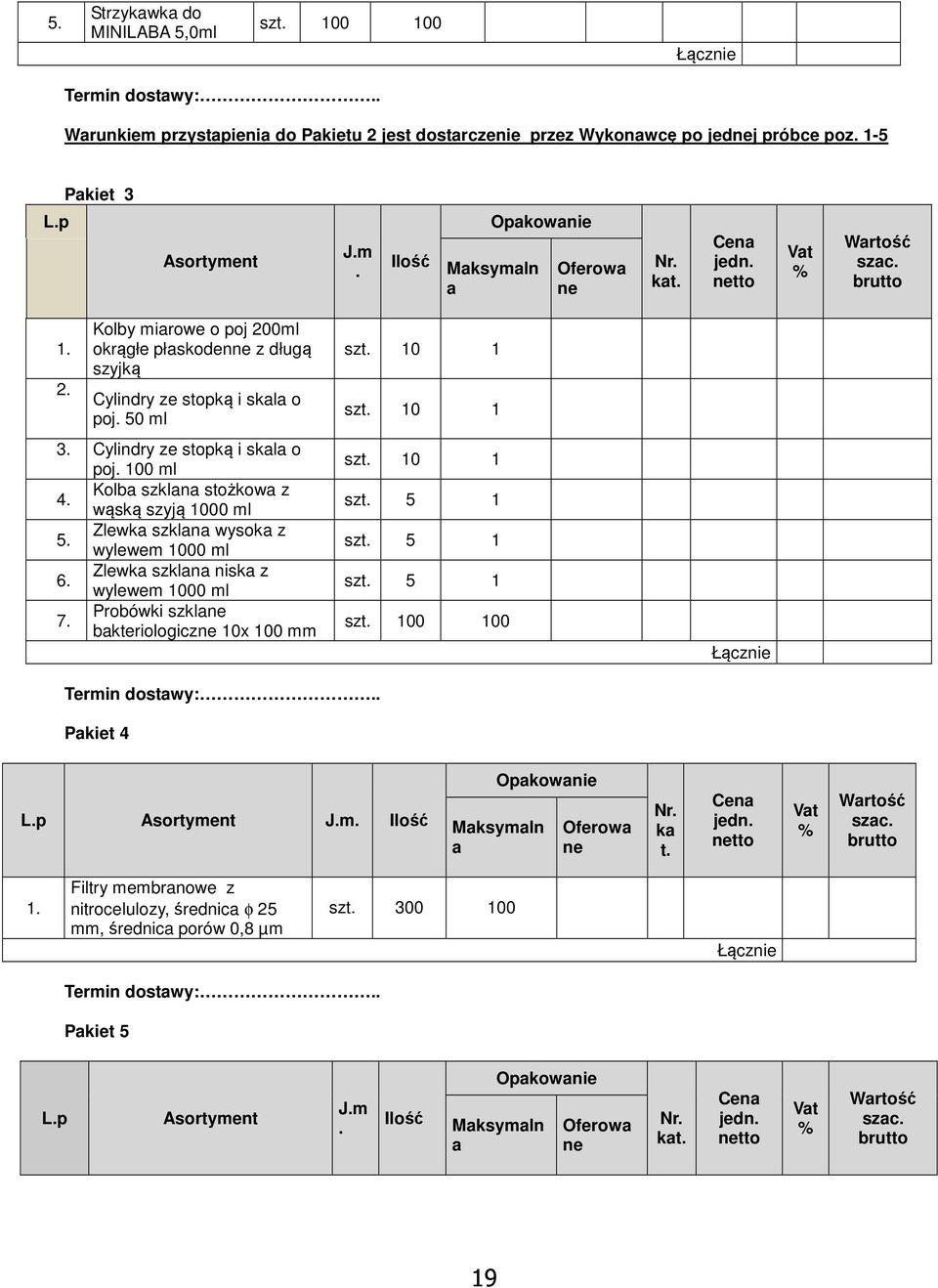 Kolba szklana stożkowa z wąską szyją 1000 ml 5 Zlewka szklana wysoka z wylewem 1000 ml 6 Zlewka szklana niska z wylewem 1000 ml 7 Probówki szklane bakteriologiczne 10x 100 mm szt 10 1 szt 10 1 szt 10