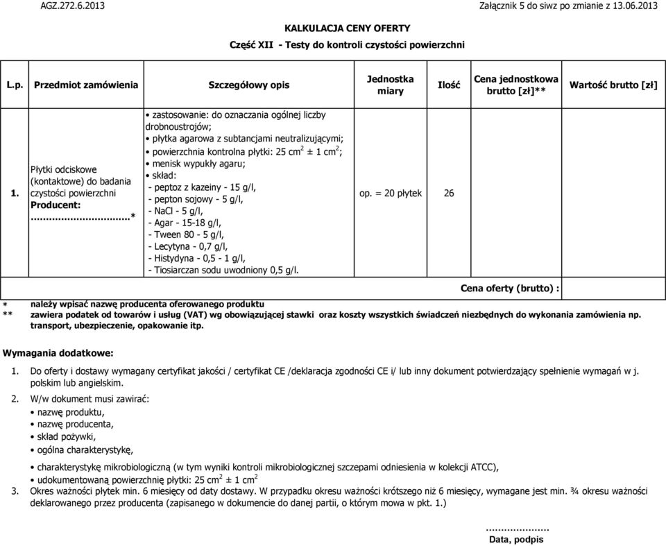 agarowa z subtancjami neutralizującymi; powierzchnia kontrolna płytki: 25 cm 2 ± 1 cm 2 ; menisk wypukły agaru; skład: - peptoz z kazeiny - 15 g/l, - pepton sojowy - 5 g/l, - NaCl - 5 g/l, - Agar -