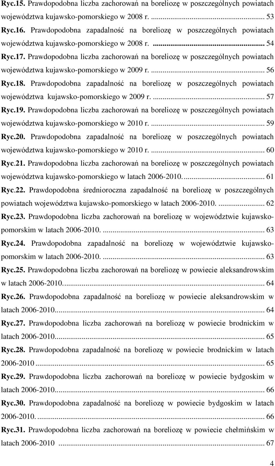 Prawdopodobna liczba zachorowań na boreliozę w poszczególnych powiatach województwa kujawsko-pomorskiego w 2009 r.... 56 Ryc.18.