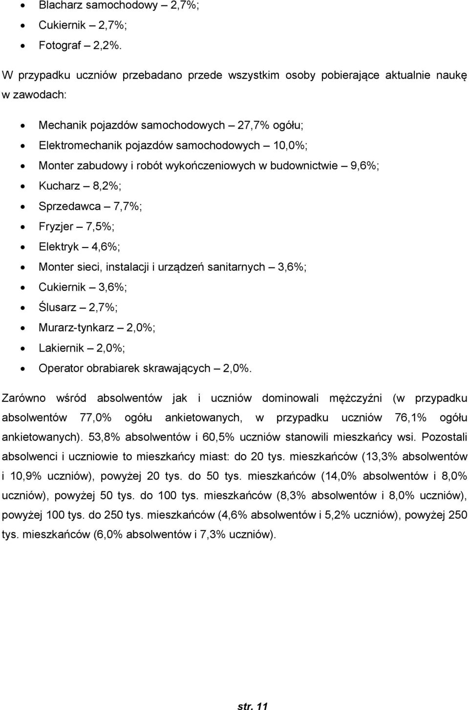 zabudowy i robót wykończeniowych w budownictwie 9,6%; Kucharz 8,2%; Sprzedawca 7,7%; Fryzjer 7,5%; Elektryk 4,6%; Monter sieci, instalacji i urządzeń sanitarnych 3,6%; Cukiernik 3,6%; Ślusarz 2,7%;