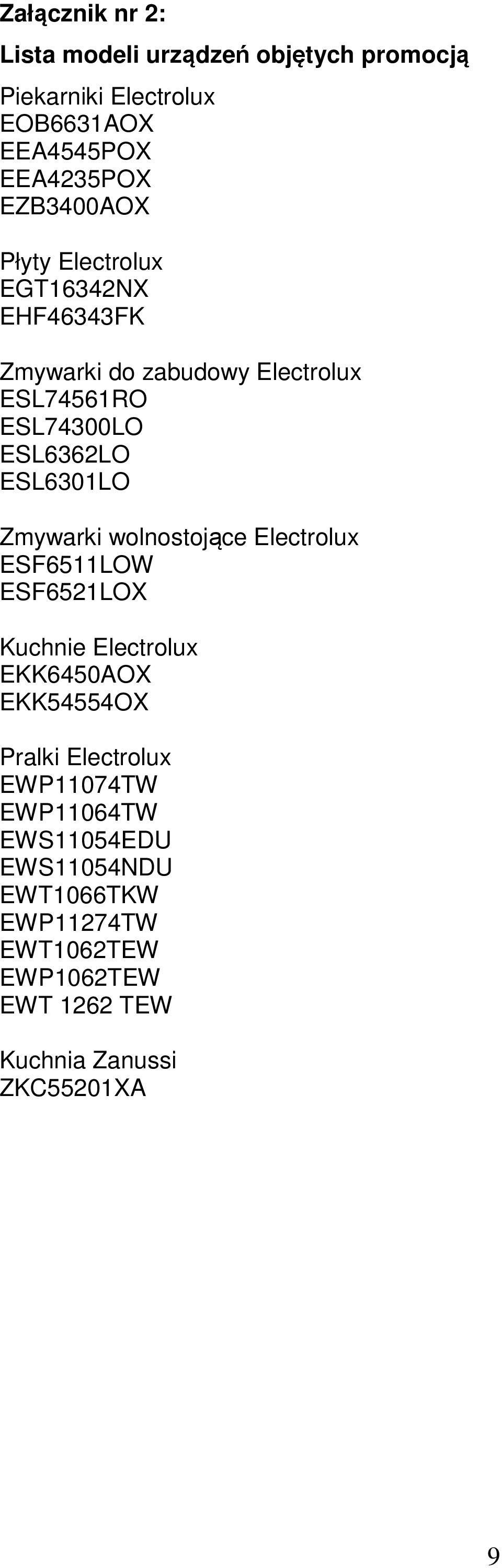 ESL6301LO Zmywarki wolnostojące Electrolux ESF6511LOW ESF6521LOX Kuchnie Electrolux EKK6450AOX EKK54554OX Pralki