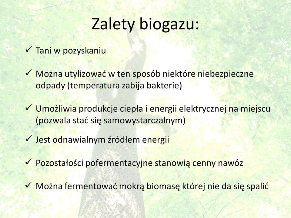 miejscu (pozwala stać się samowystarczalnym) Jest odnawialnym źródłem energii Pozostałości