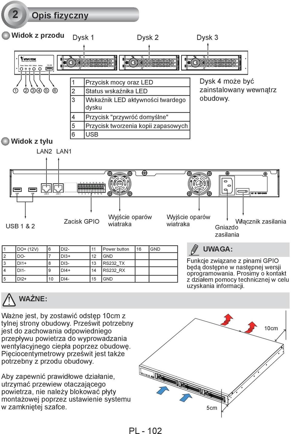 USB 1 & 2 Zacisk GPIO Wyjście oparów wiatraka Wyjście oparów wiatraka Włącznik zasilania Gniazdo zasilania 1 DO+ (12V) 6 DI2-11 Power button 16 GND 2 DO- 7 DI3+ 12 GND 3 DI1+ 8 DI3-13 RS232_TX 4