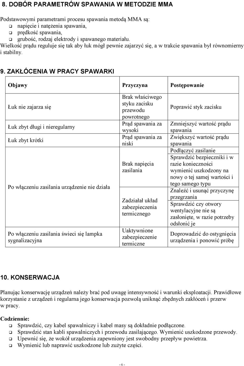 ZAKŁÓCENIA W PRACY SPAWARKI Objawy Przyczyna Postępowanie Łuk nie zajarza się Łuk zbyt długi i nieregularny Łuk zbyt krótki Po włączeniu zasilania urządzenie nie działa Po włączeniu zasilania świeci