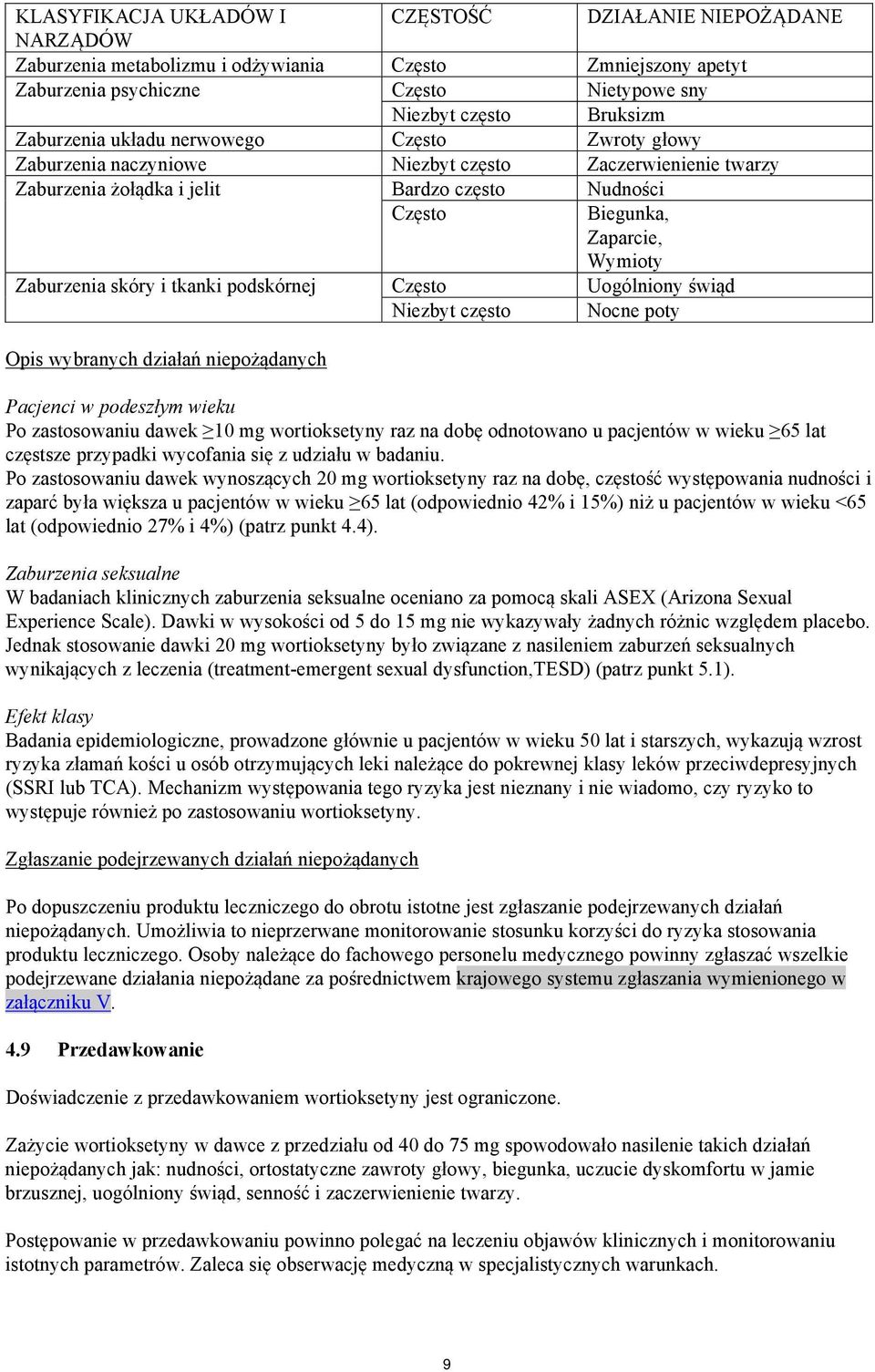 Zaburzenia skóry i tkanki podskórnej Często Uogólniony świąd Niezbyt często Nocne poty Opis wybranych działań niepożądanych Pacjenci w podeszłym wieku Po zastosowaniu dawek 10 mg wortioksetyny raz na