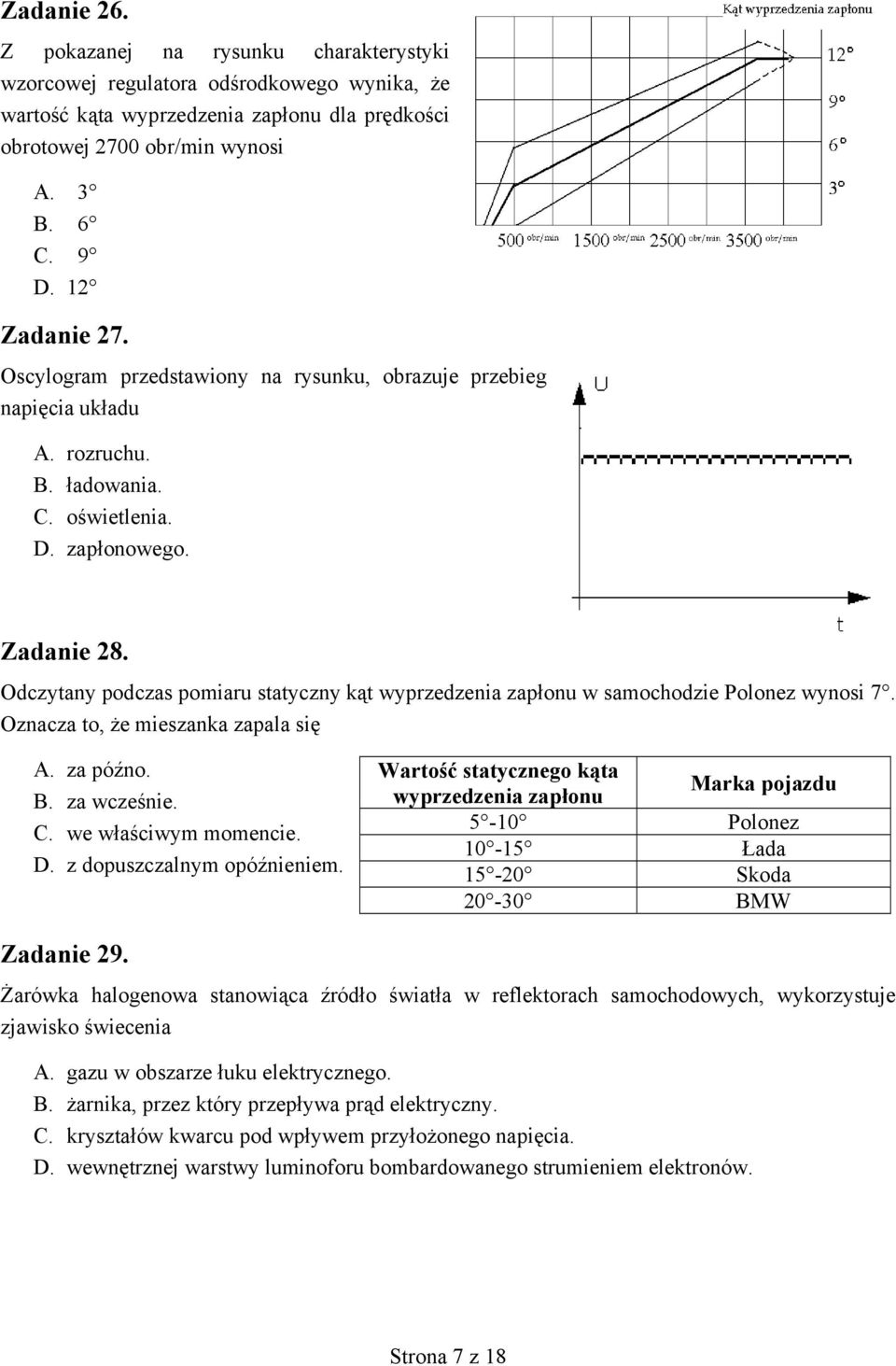 Odczytany podczas pomiaru statyczny kąt wyprzedzenia zapłonu w samochodzie Polonez wynosi 7. Oznacza to, że mieszanka zapala się A. za późno. B. za wcześnie. C. we właściwym momencie. D.