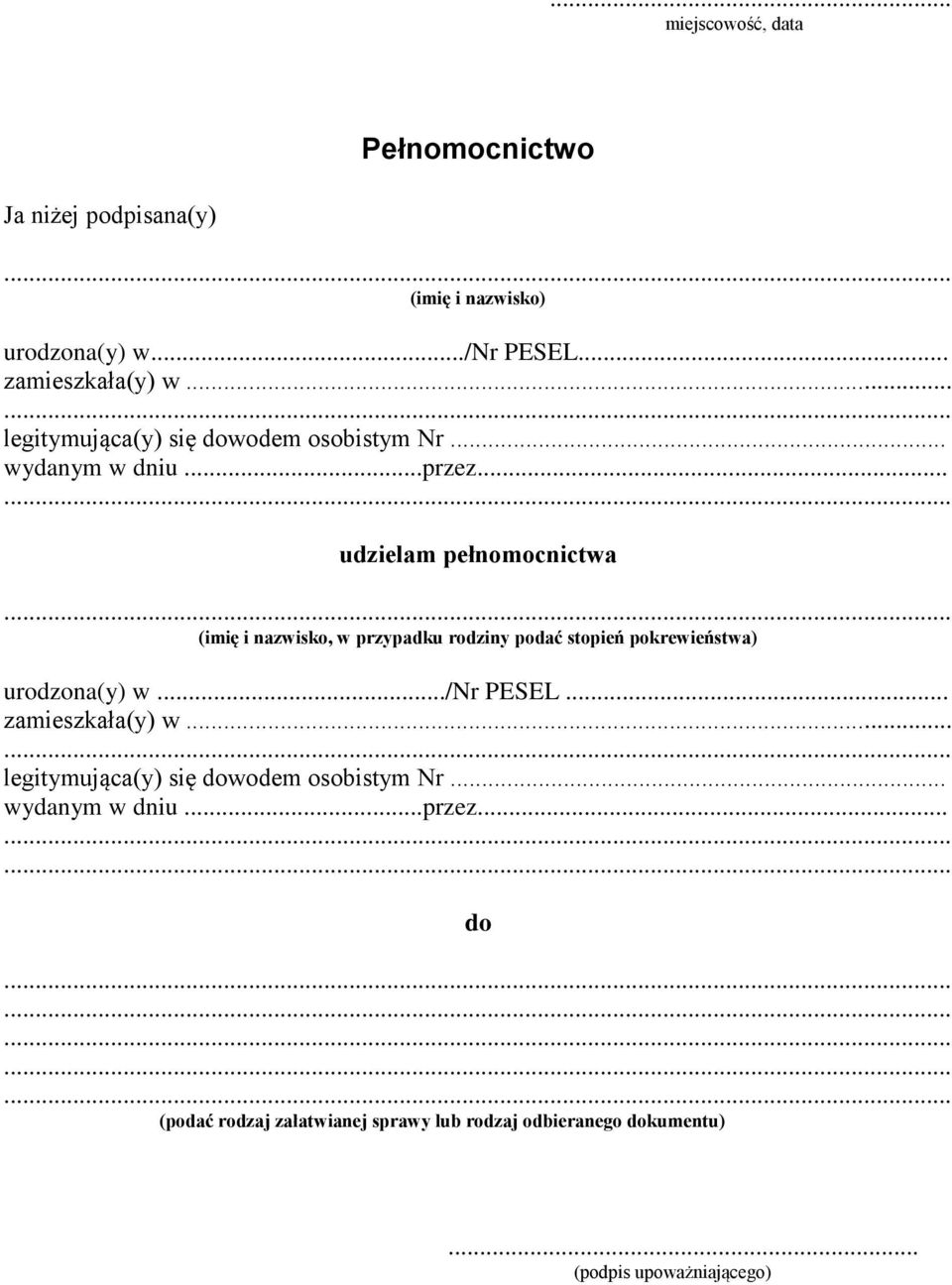 .. udzielam pełnomocnictwa (imię i nazwisko, w przypadku rodziny podać stopień pokrewieństwa) urodzona(y) w.../nr PESEL.