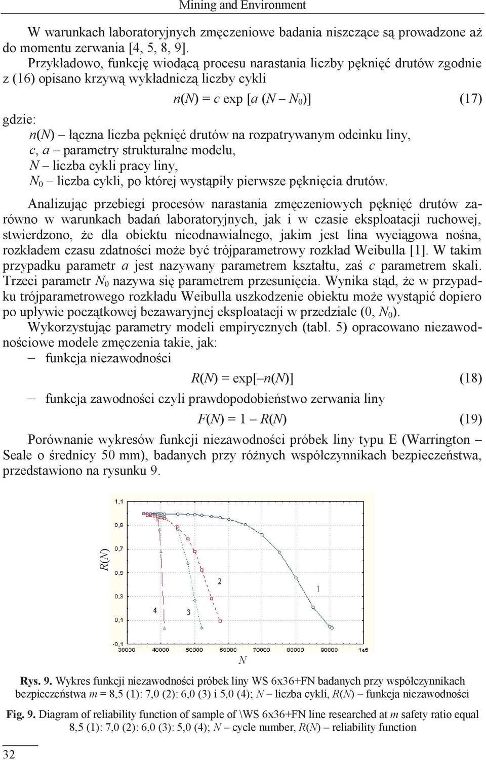 rozpatrywanym odcinku liny, c, a parametry strukturalne modelu, N liczba cykli pracy liny, N liczba cykli, po której wystąpiły pierwsze pęknięcia drutów.