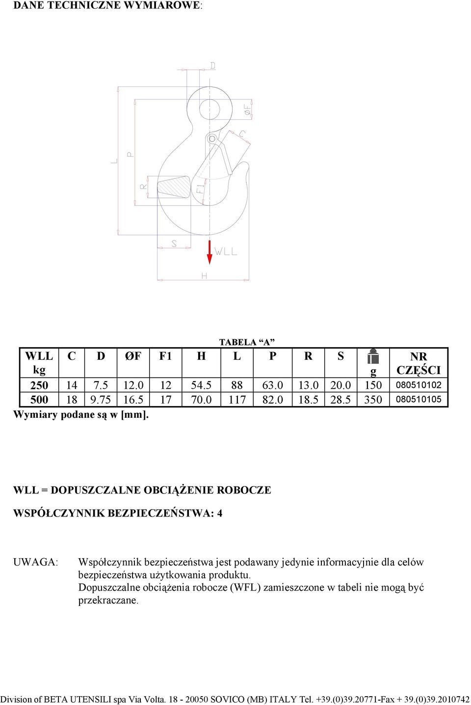 WLL = DOPUSZCZALNE OBCIĄŻENIE ROBOCZE WSPÓŁCZYNNIK BEZPIECZEŃSTWA: 4 UWAGA: Współczynnik bezpieczeństwa jest podawany