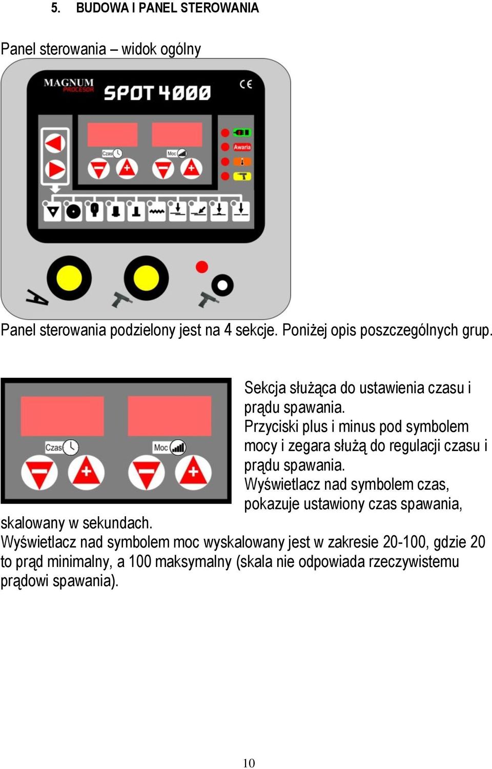 Przyciski plus i minus pod symbolem mocy i zegara służą do regulacji czasu i prądu spawania.